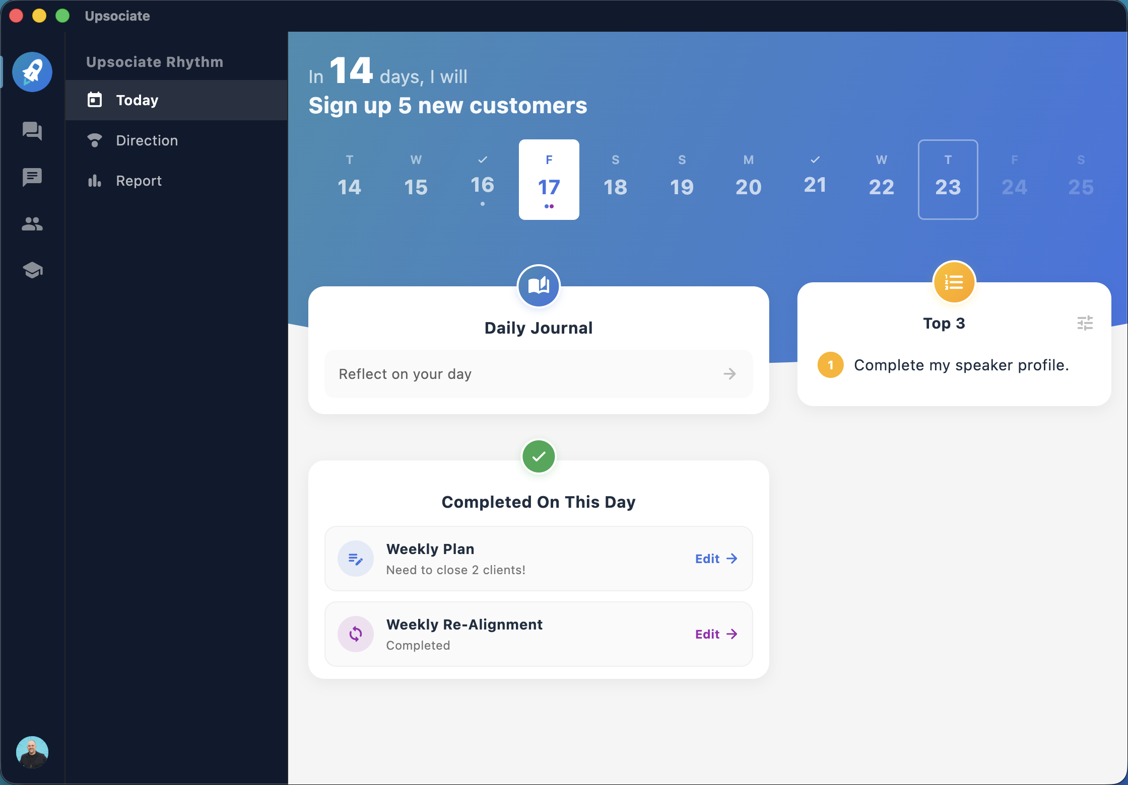 Upsociate app: Today screen on desktop