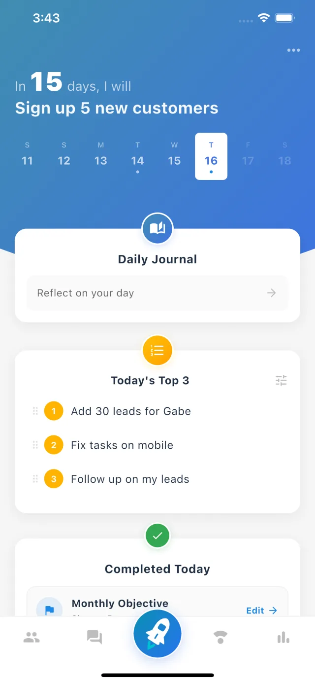 Upsociate app: Today screen on mobile